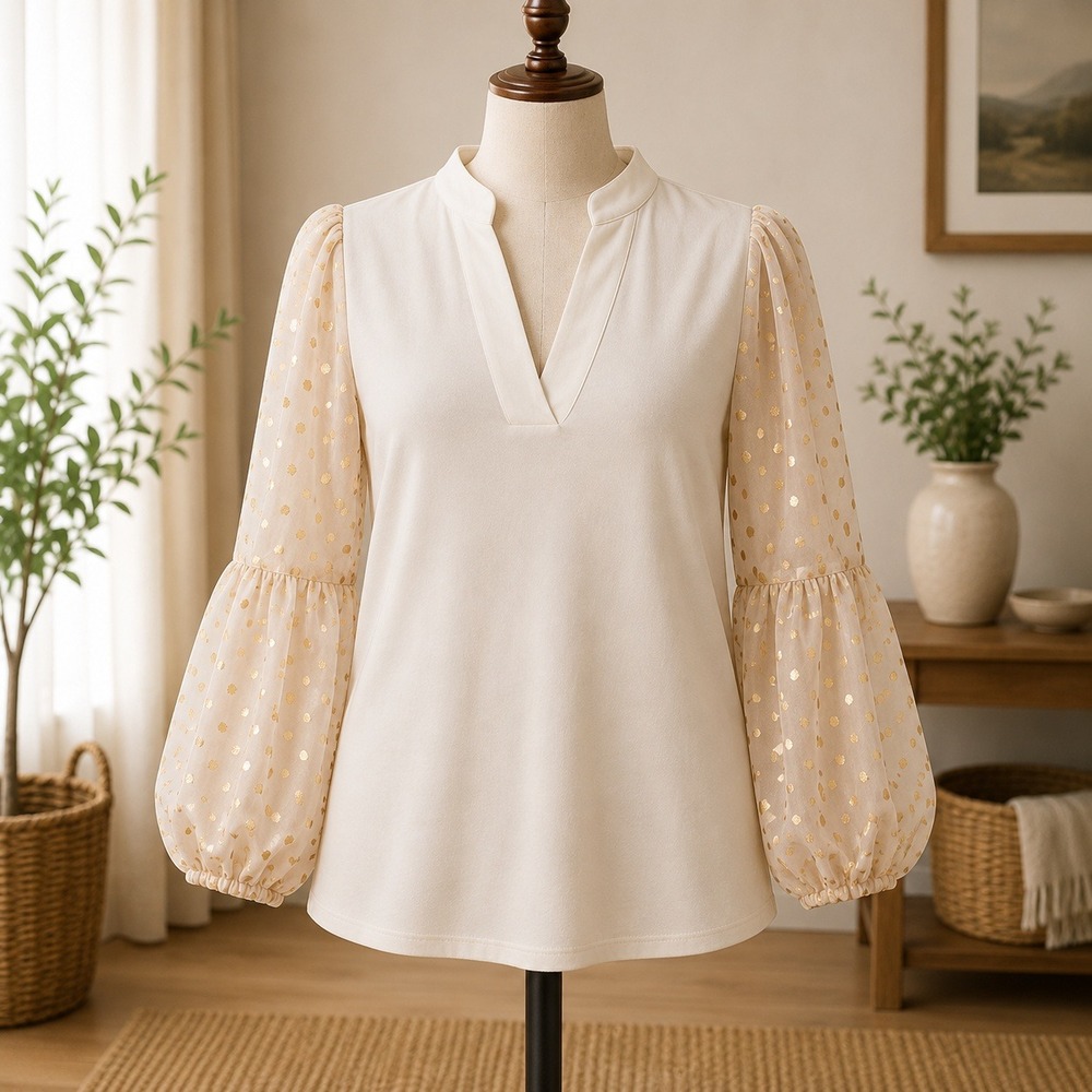 NWT Dennis Basso V-Neck Top Medium Cream Metallic Gold Foil Balloon Sleeve